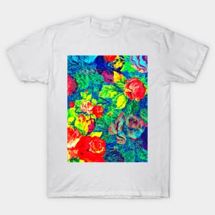 Brightly Colored Rose Pattern Blue Background T-Shirt